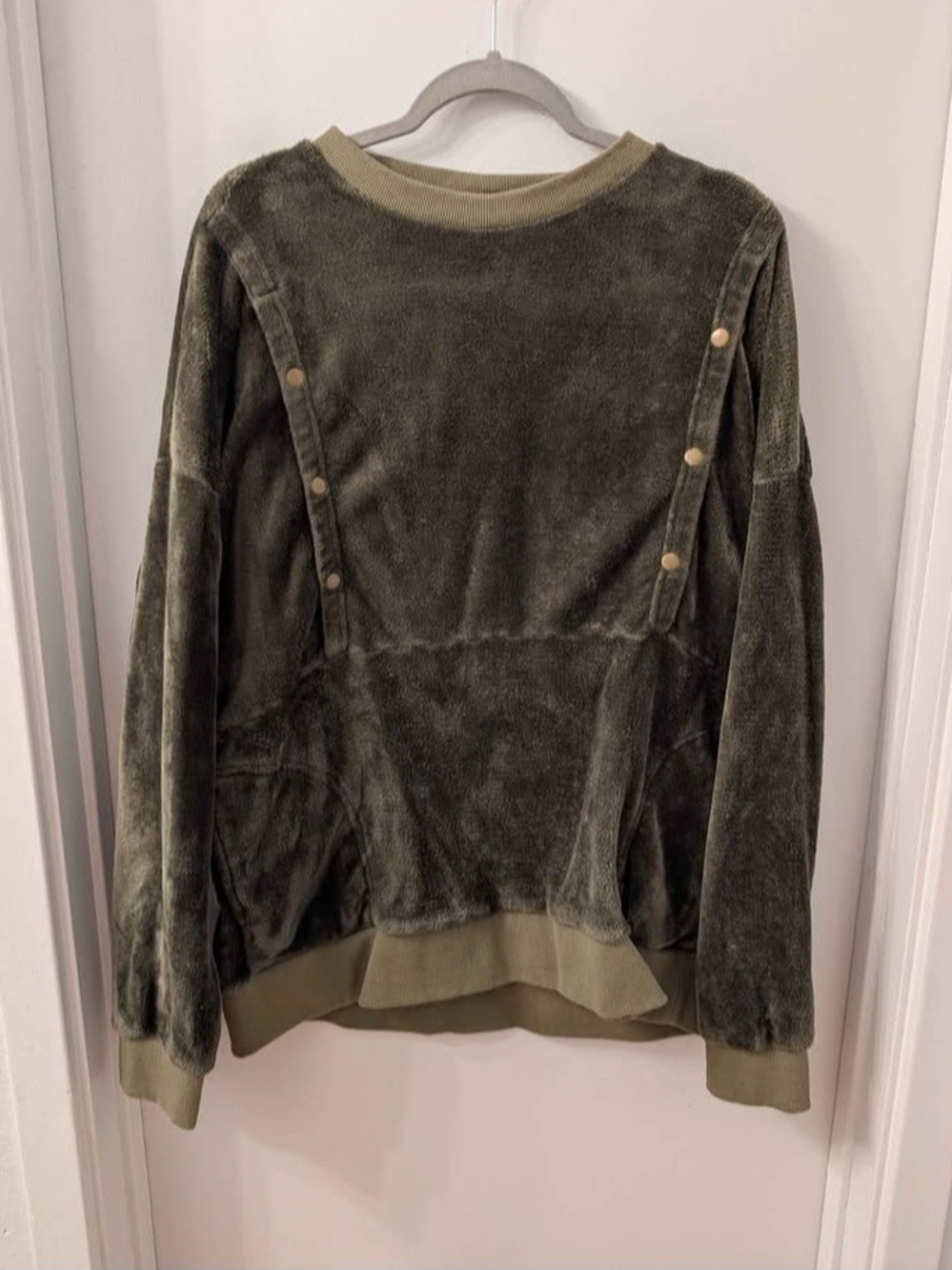Latched Mama Olive Plush Crewneck Sweater with Button Strap Details
